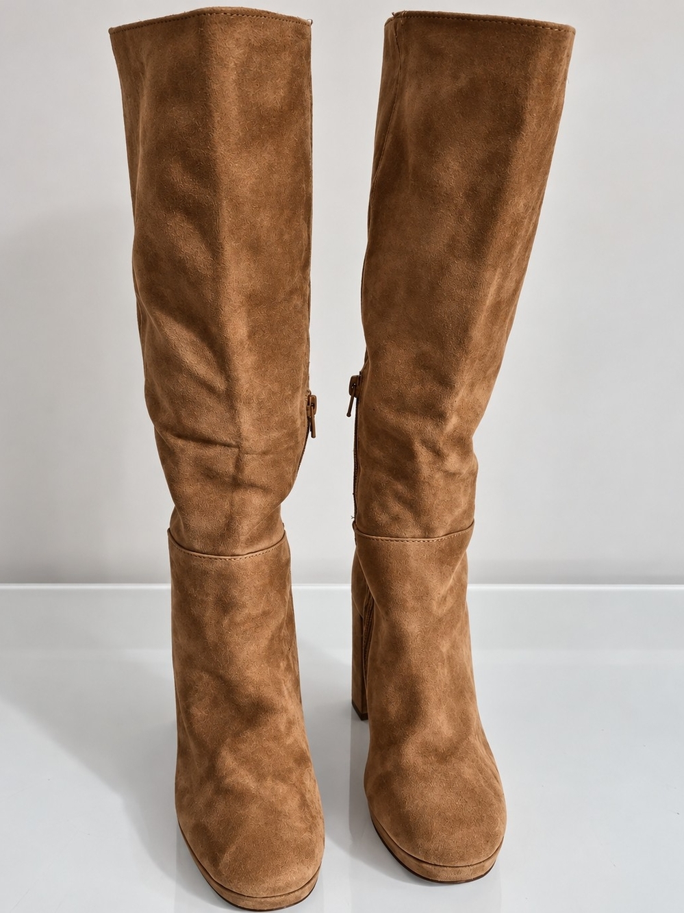 Steve Madden Women’s 7.5 Tan Leather Knee High Platform Boots Chunky Heel - Picture 6 of 13